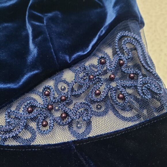 Bari Jay Dress Women's 9/10 Blue Velvelt Illusion Beaded Halter Holiday Maxi - Picture 5 of 10